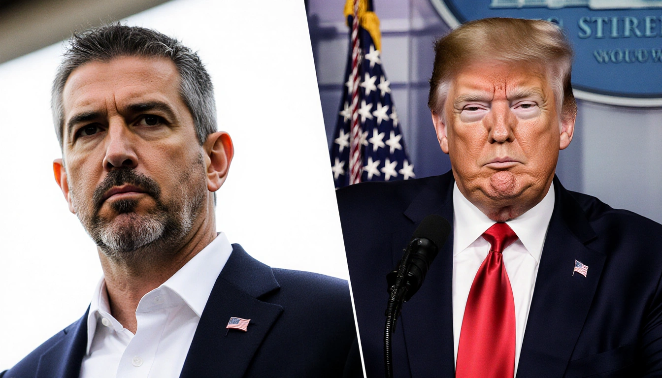 Hernández faces a dark backdrop while Trump smiles against a lighter backdrop contrasting pardon and injustice