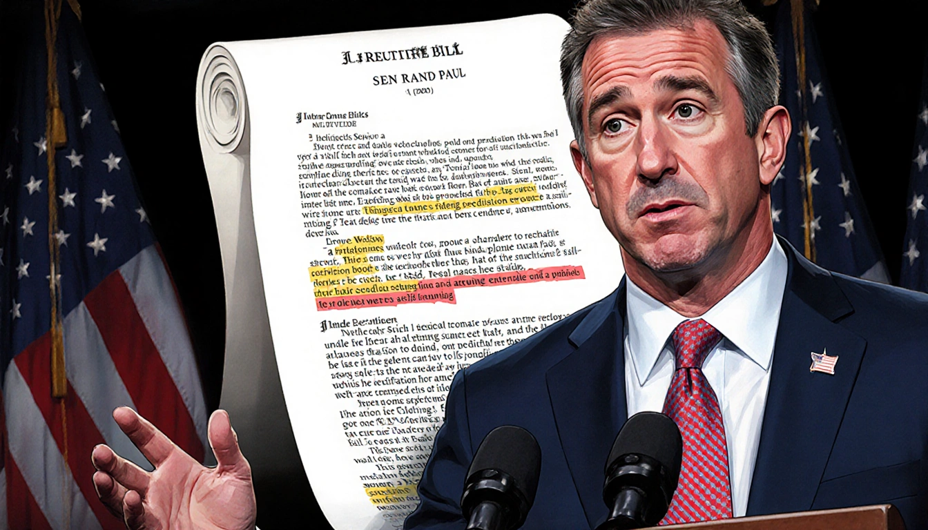 Sen. Rand Paul speaks at podium with disappointed face and urgent scroll of One Big Beautiful Bill in dim Senate chamber.