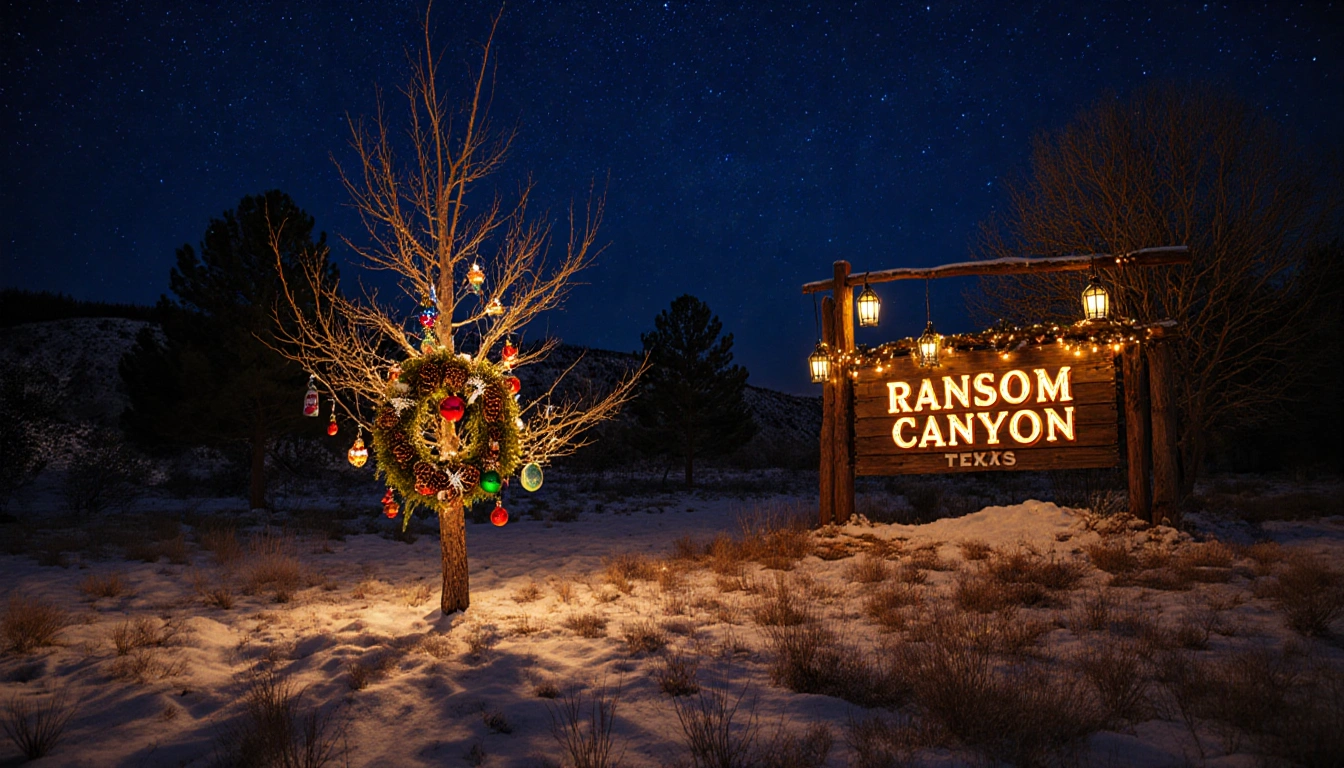 Snow-covered tree stands with colorful ornaments and wreath beside wooden town sign lit by string lights under indigo sky.