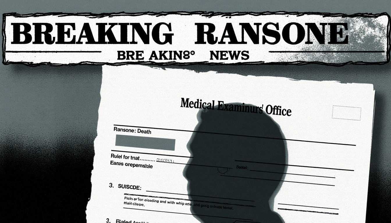 Medical examiner's report showing a suicide ruling with a muted news headline and a faint James Ransone outline.