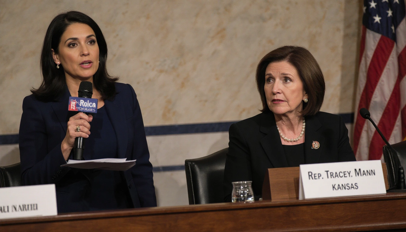 Raquel Martin correspondent holding a microphone with Rep. Tracey Mann beside her at a podium in a hearing room.