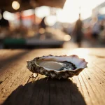 Oyster oozing clear liquid showing contamination on rustic wooden table with blurred seafood market background