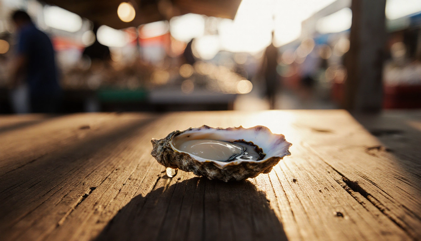 Oyster oozing clear liquid showing contamination on rustic wooden table with blurred seafood market background