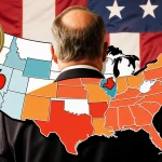 Ray Dalio stands proudly with his back to a large American flag and a colorful hand‑drawn map of the 50 states with unique sy