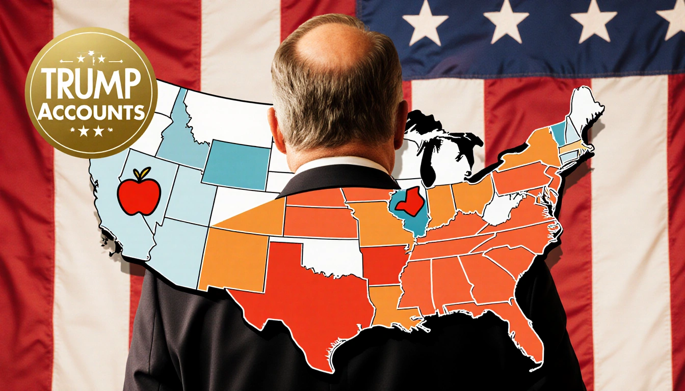Ray Dalio stands proudly with his back to a large American flag and a colorful hand‑drawn map of the 50 states with unique sy