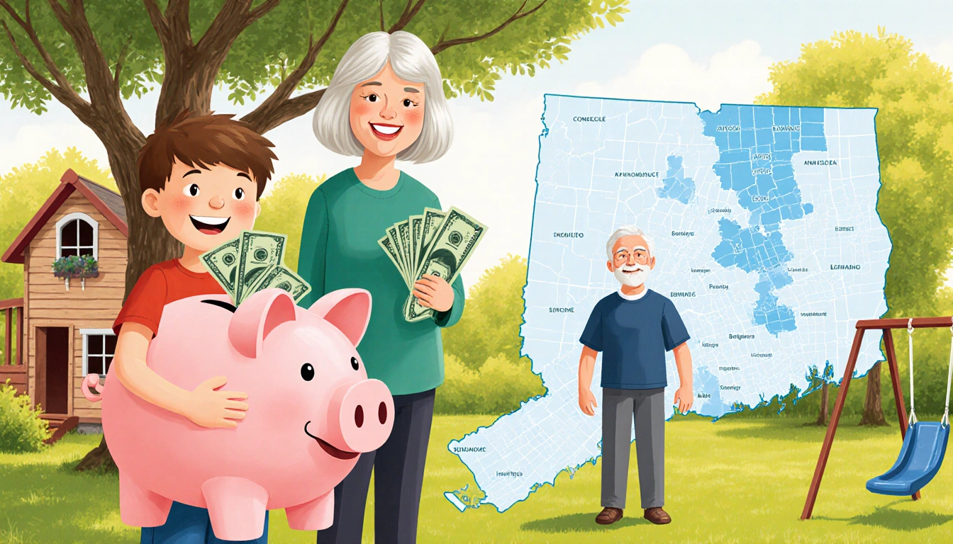 Boy holding a piggy bank with $250 bills with sunny backyard and Ray Dalio's soft blue Connecticut donation map.