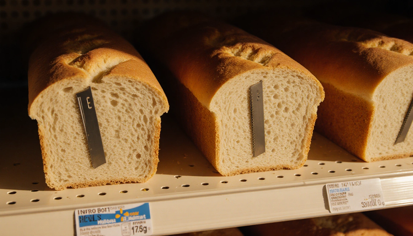 Loaf of bread showing razor blades inserted with soft golden light and a Walmart shelf.
