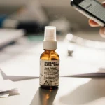 Bottle teeters toward desk edge with nasal spray label and FDA recall notice on nearby phone