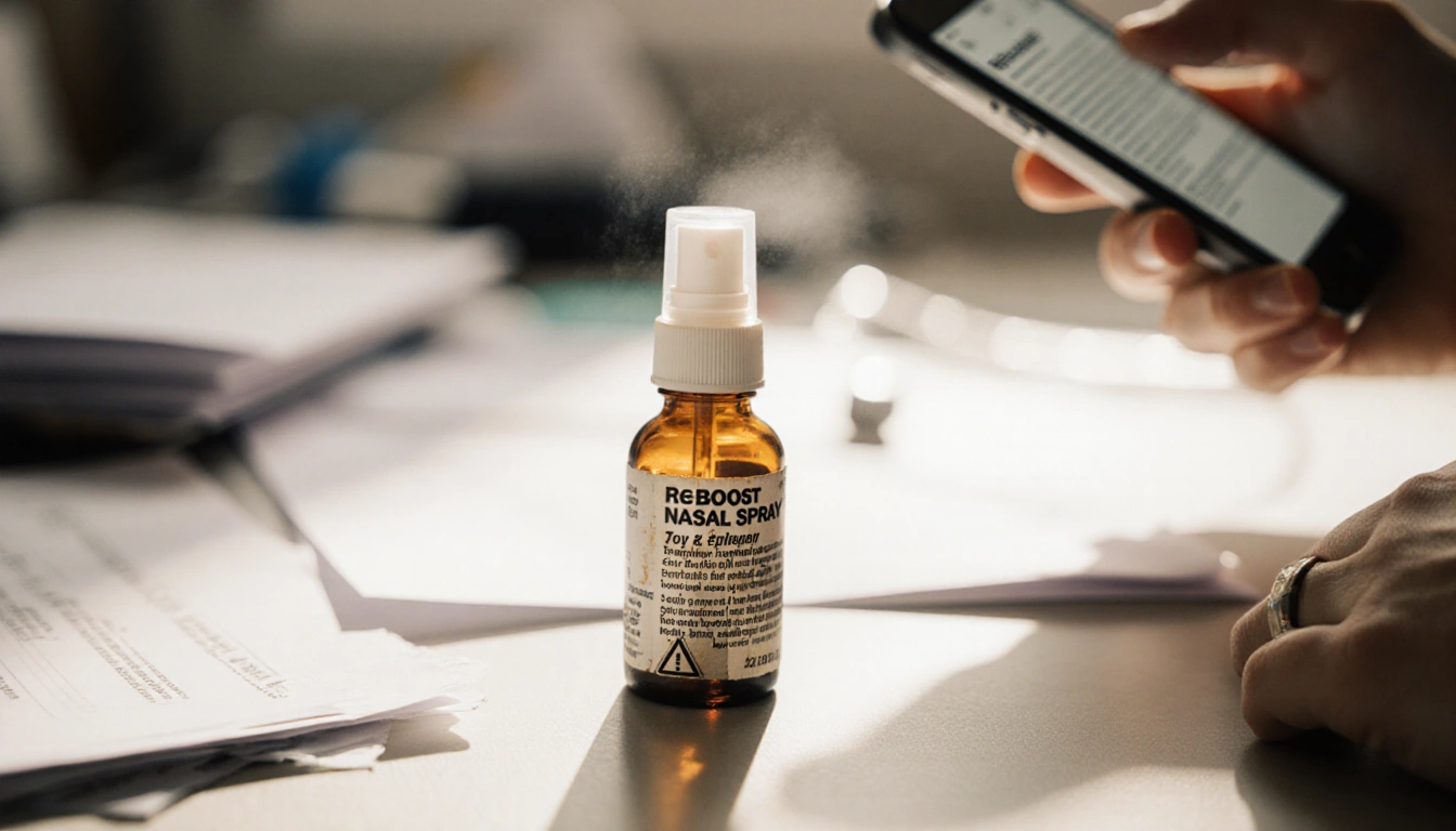 Bottle teeters toward desk edge with nasal spray label and FDA recall notice on nearby phone