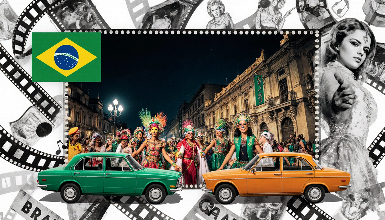 Carnival dancers twirling with colorful costumes and masks with Olinda night lights and black-and-white film reels