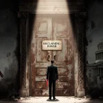 Suit‑clad figure determinedly holding a red pen with a rusted door and fading presidential flags.