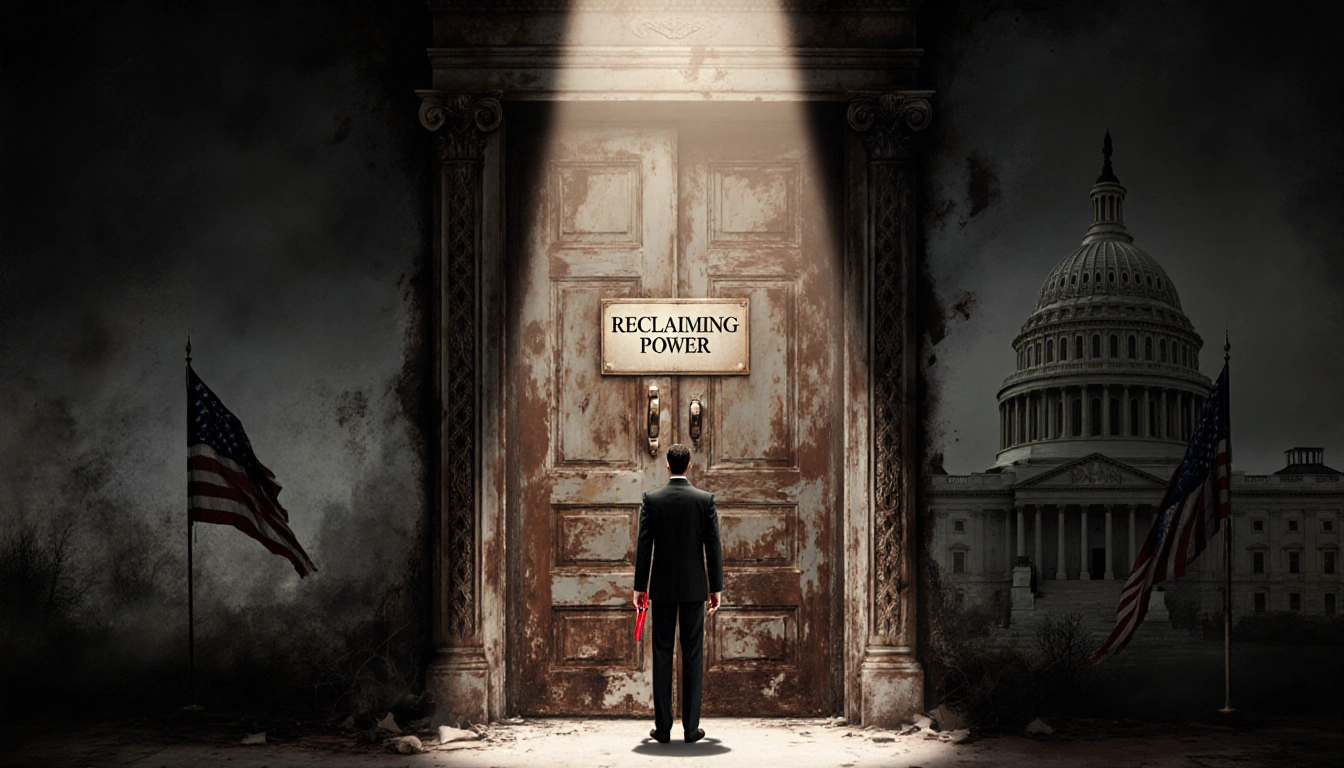 Suit‑clad figure determinedly holding a red pen with a rusted door and fading presidential flags.