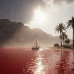 Sailboat glides across crimson dawn waters with rain-soaked palms and misty island hills