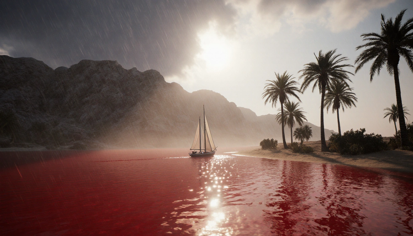 Sailboat glides across crimson dawn waters with rain-soaked palms and misty island hills