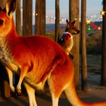 Red kangaroo stands proudly with holiday lights and Ladybug peeking.