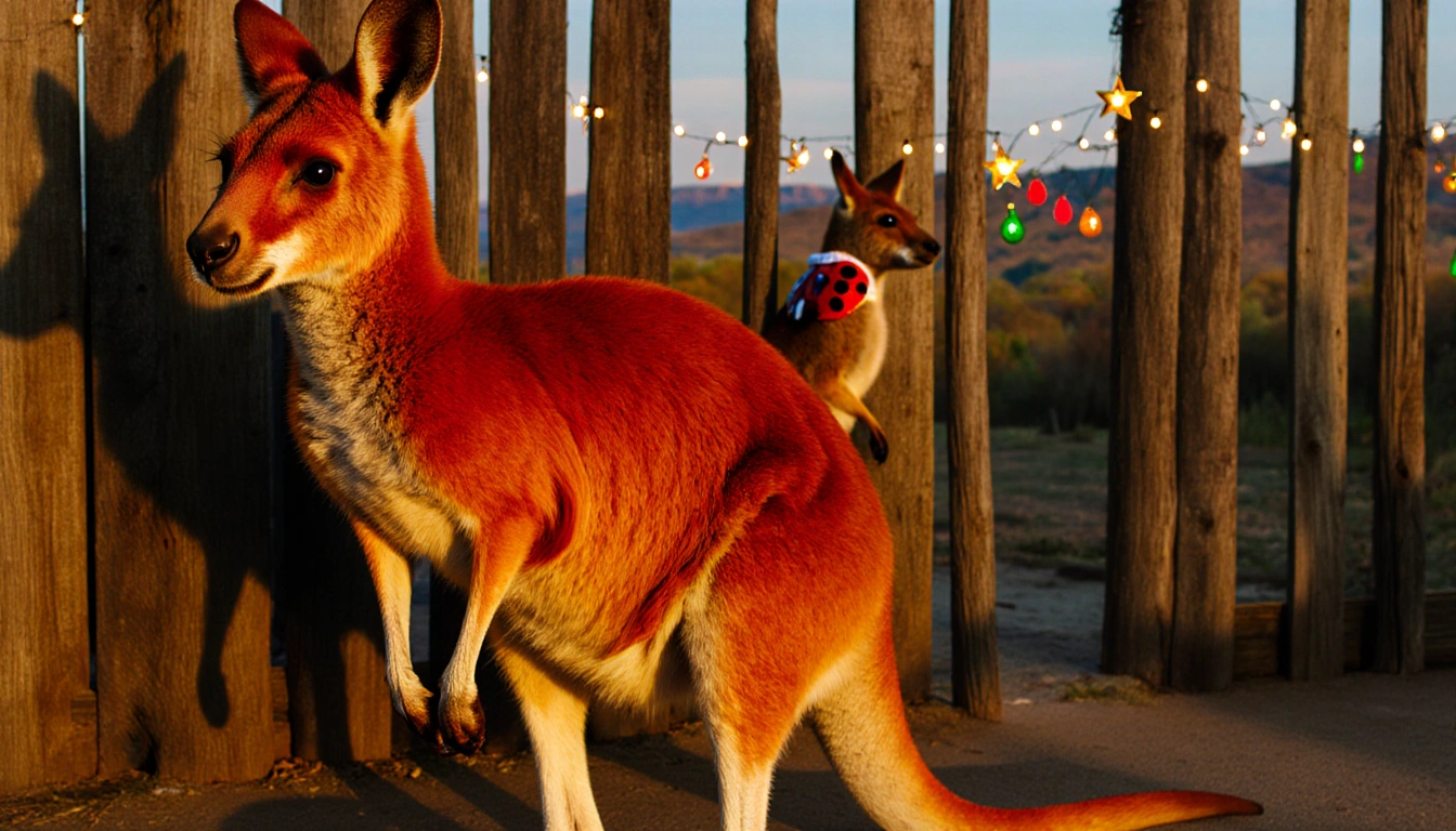 Red kangaroo stands proudly with holiday lights and Ladybug peeking.