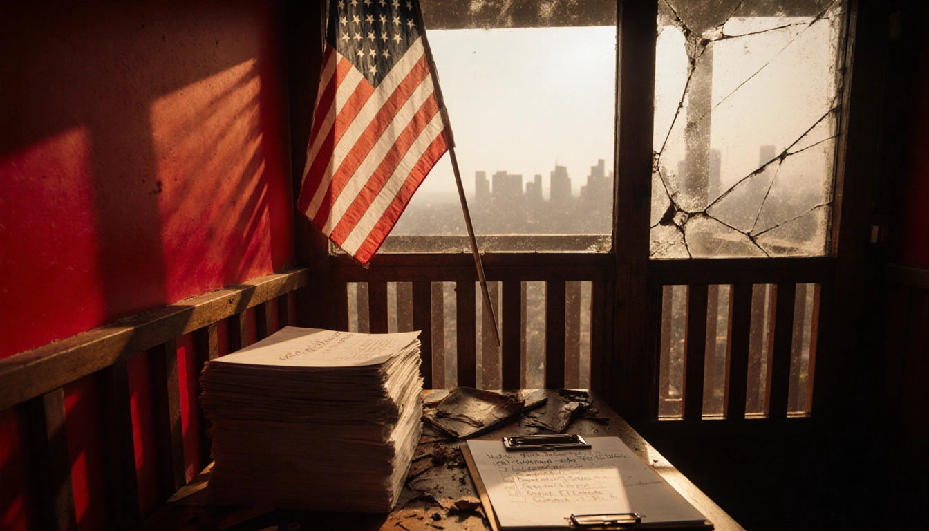 Golden light spills into a red voting booth with dusty registration files and a flag