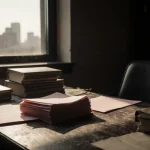 Documents spilling over a cluttered wooden desk with dusty law books and a faint Austin skyline behind.