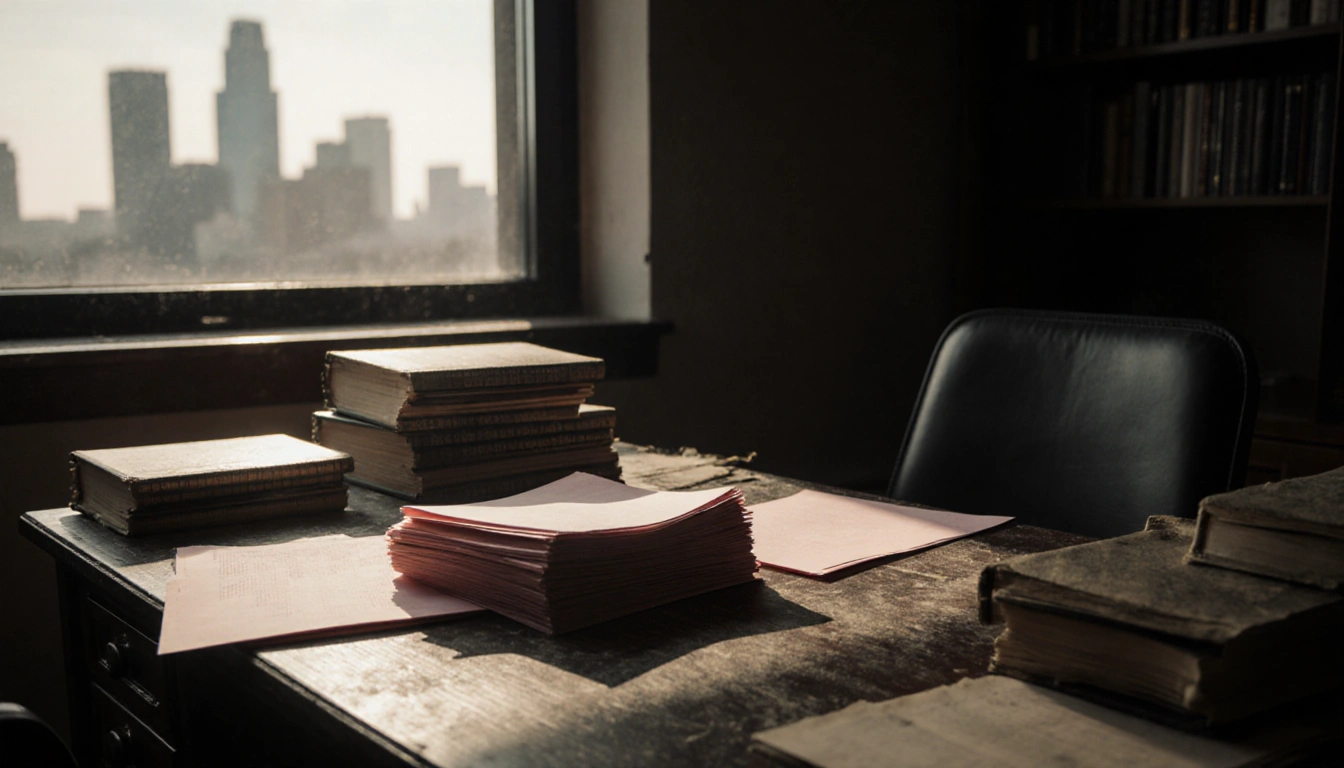 Documents spilling over a cluttered wooden desk with dusty law books and a faint Austin skyline behind.
