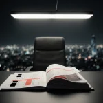 Stack of files lies open with documents spilling and fluorescent light casting an eerie glow over a blurred cityscape