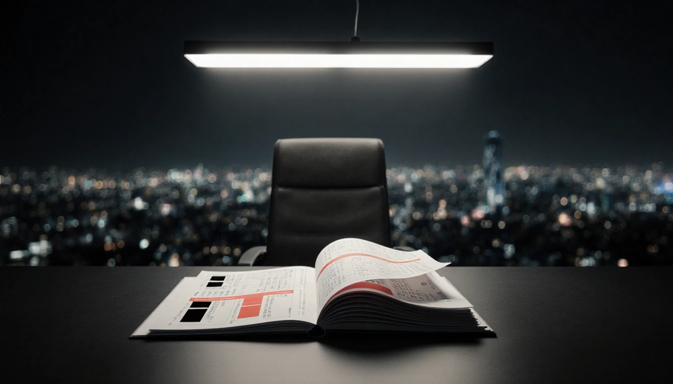 Stack of files lies open with documents spilling and fluorescent light casting an eerie glow over a blurred cityscape