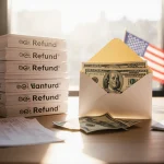 Envelope spilling cash onto desk with warm sunlight filtering through window and a blurred American flag in background