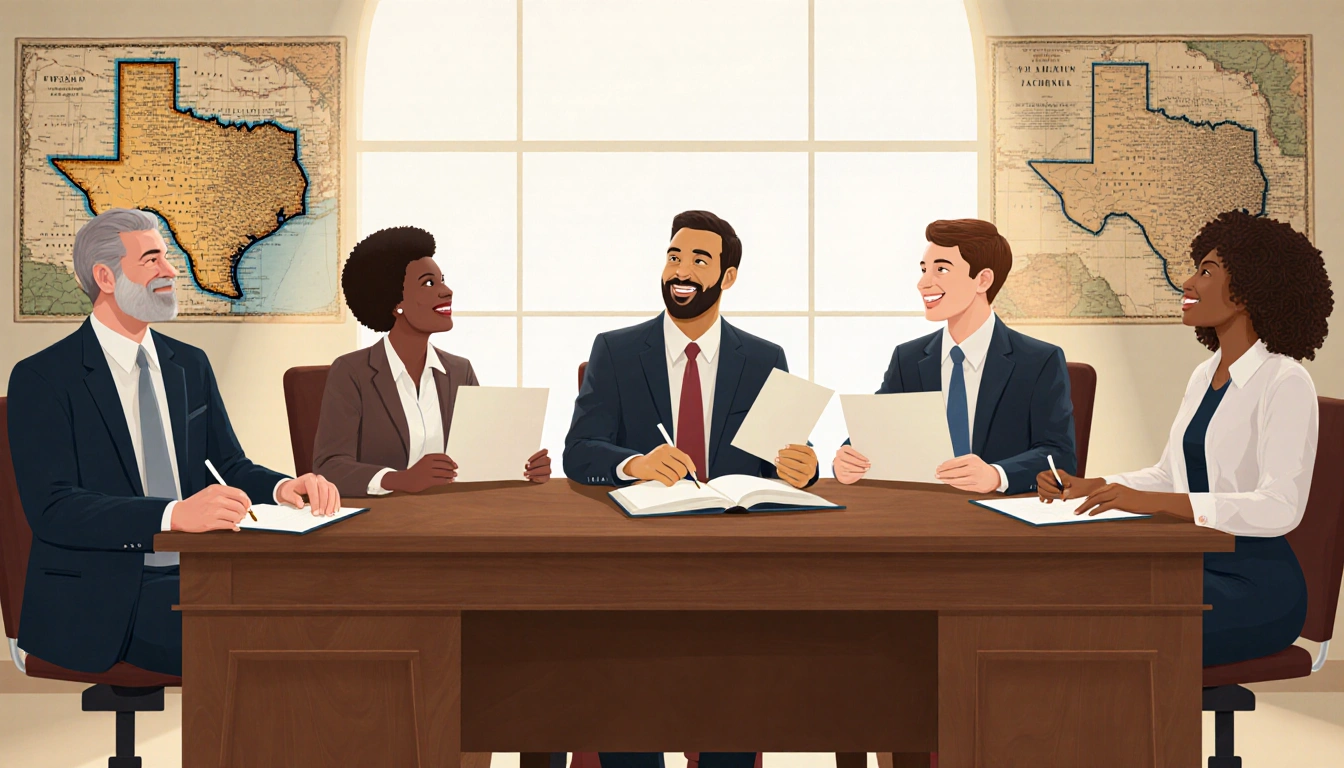 Six diverse people holding certificates at a wooden desk with warm light and Texas map background showing hope