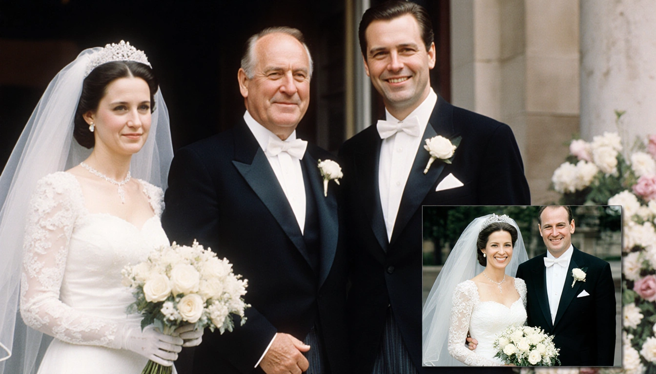 Wedding couples Carl Reiner Estelle and Rob Reiner Michele pose side by side with overlapping frames and flowers