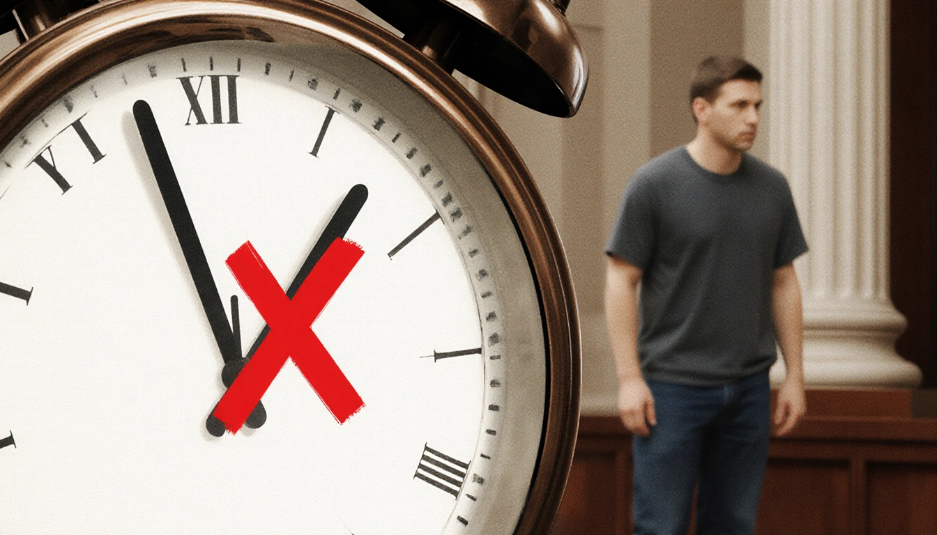 Clock showing 8:30 a.m. with a red X overlay and blurred Reiner in background indicates delayed court appearance.