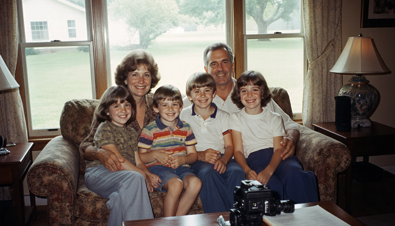 Rob Reiner laughing with his wife Michele and children in a sunlit living room and camera gear nearby, family togetherness.