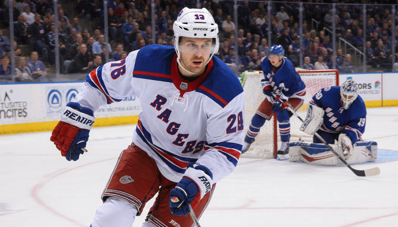 Matt Rempe skating into the forecheck with dropped gloves and teammates watch behind net defenders in hockey.