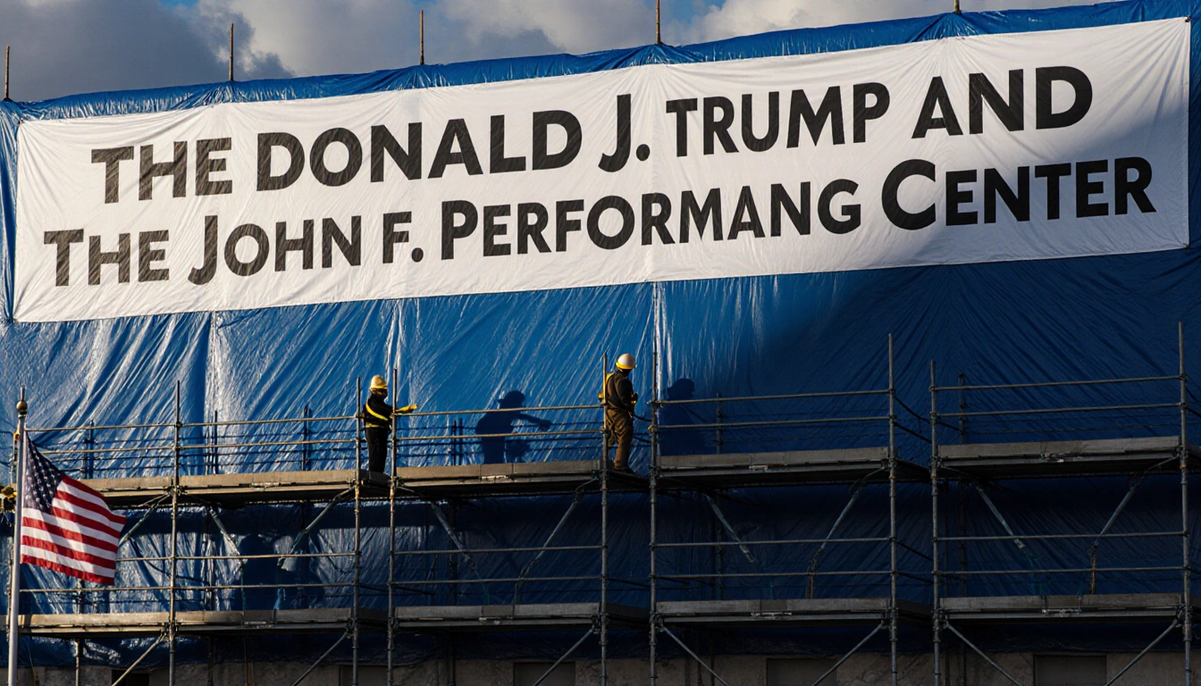 Banner displays memorial name with blue sky and workers building below.