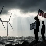 Group of protesters holding a Renewable Energy Now sign with wind turbine silhouettes behind them over stormy ocean