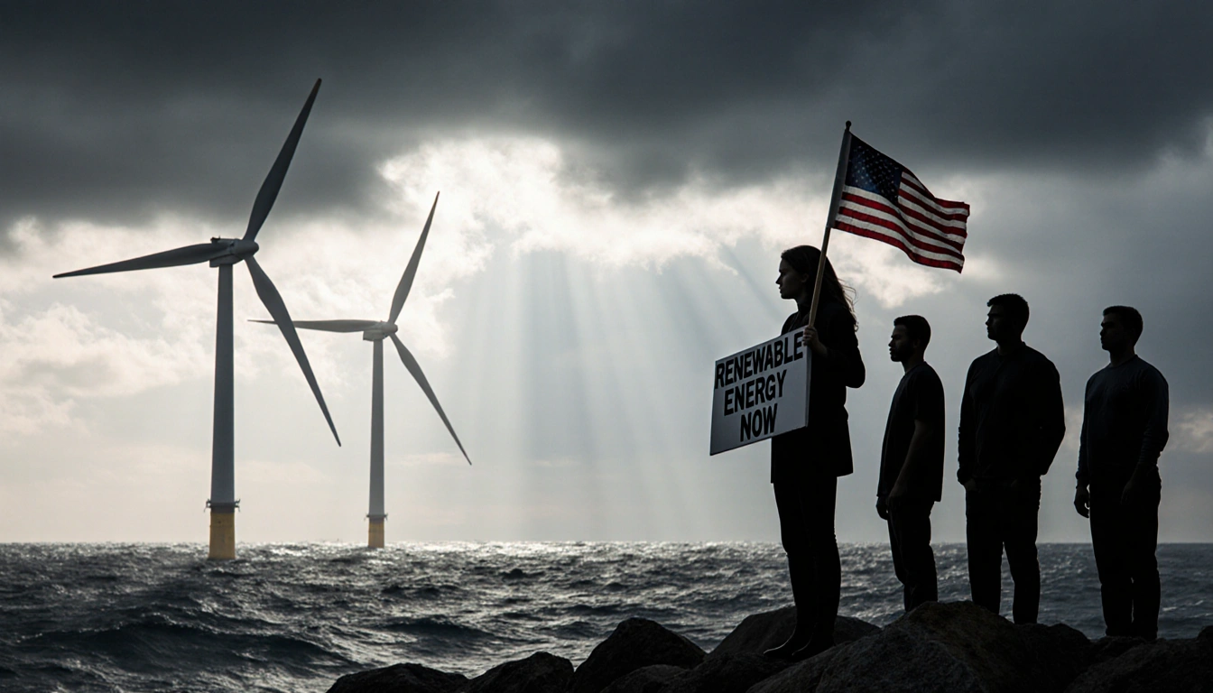 Group of protesters holding a Renewable Energy Now sign with wind turbine silhouettes behind them over stormy ocean