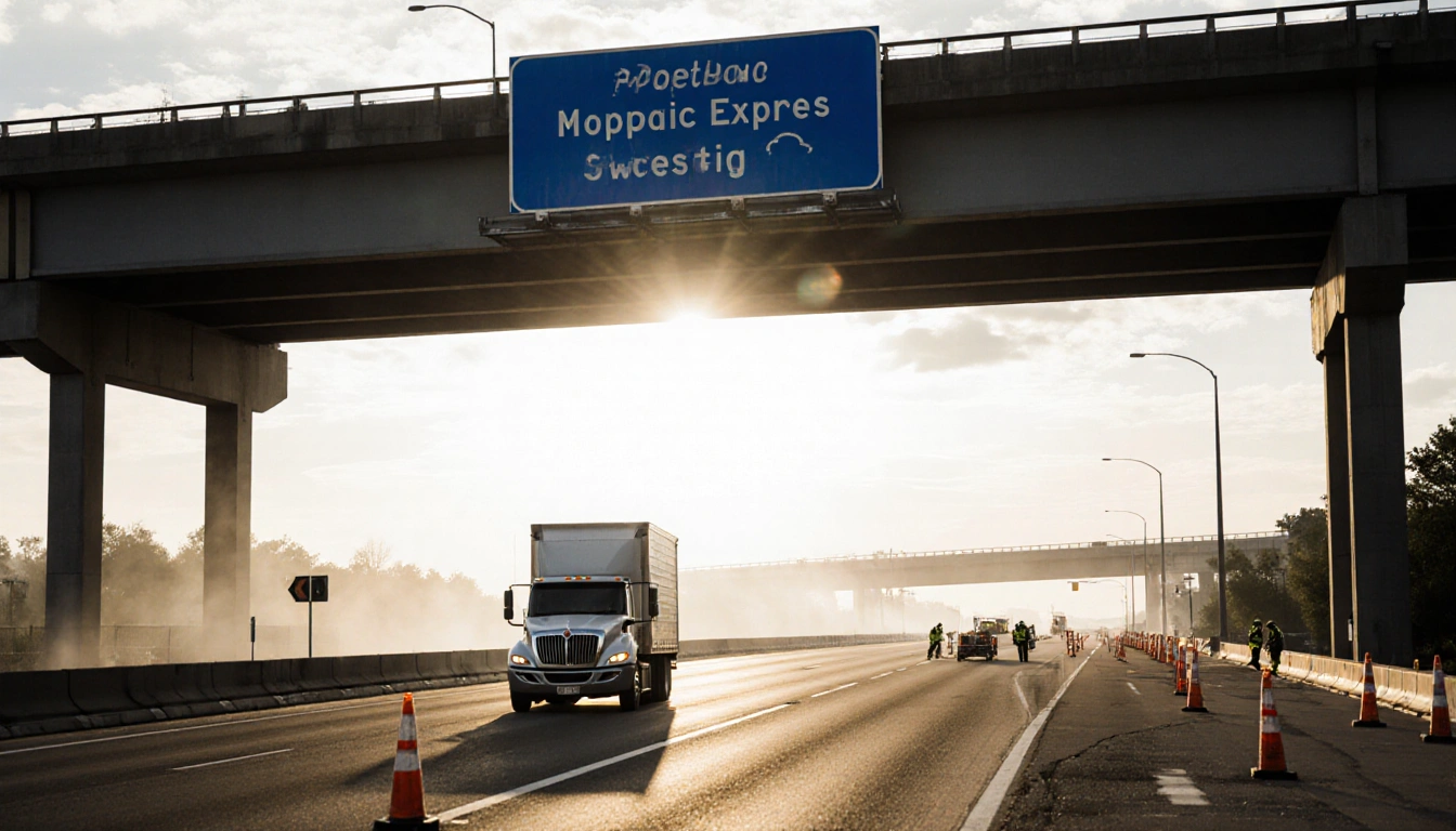 Truck drives southbound under overpass with reopening sign and emergency responders in background