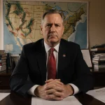 Rep. Kevin Kiley sits at a wooden desk with a concerned expression and hands clasped with a large California map behind him.