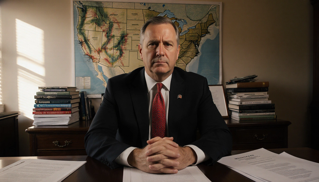 Rep. Kevin Kiley sits at a wooden desk with a concerned expression and hands clasped with a large California map behind him.