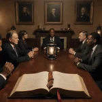 Lawmakers debating with open leather‑bound book showing handwritten notes and historical documents and faded portraits behind