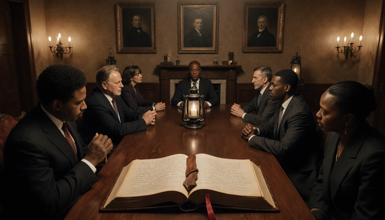 Lawmakers debating with open leather‑bound book showing handwritten notes and historical documents and faded portraits behind