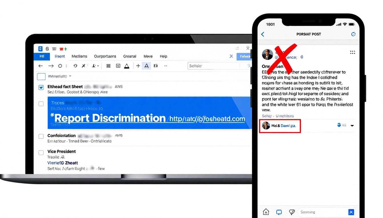 Laptop screen displays emails with blue header Report Discrimination and smartphone shows social media post with red X.