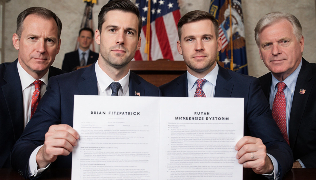 Four Republican senators holding a petition with a blurred American flag and House chamber backdrop