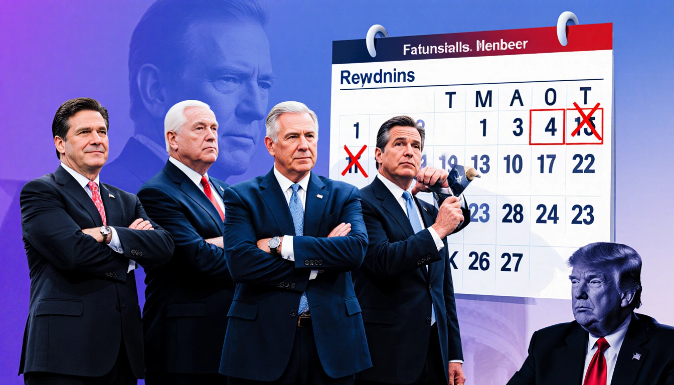 Four Republicans standing with a red pen crossing a one-year extension date on a calendar and Jeffries arms crossed