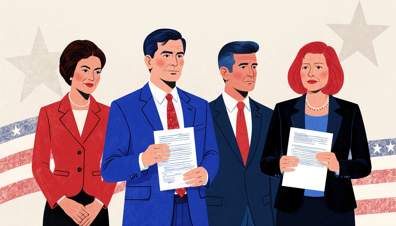 Four Republican representatives stand holding petitions with subtle red and blue accents showing determination and concern