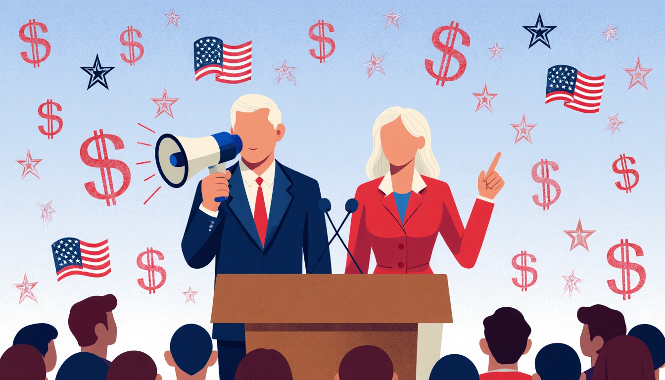 Two senators speaking at a podium with megaphone and hand gesture near a dollar gradient and puzzle piece affordability flex