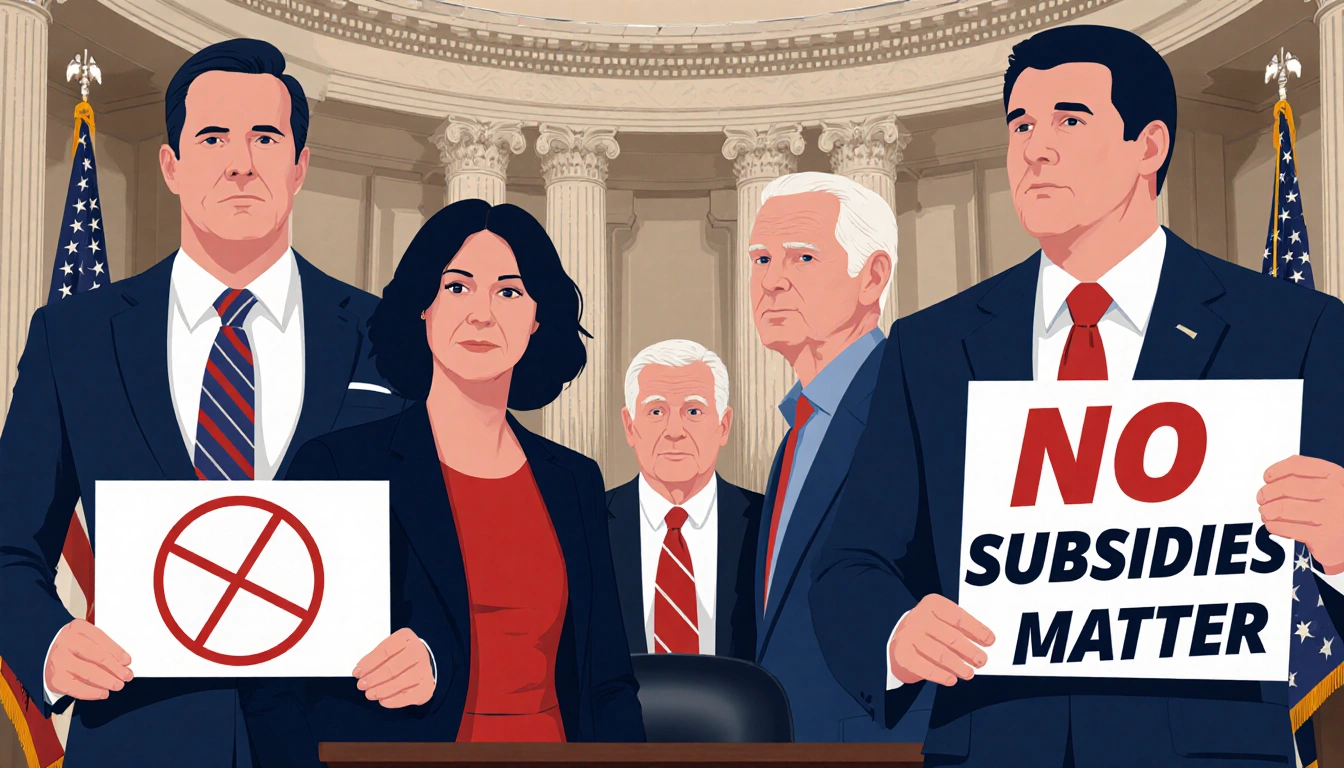 Four Republicans stand together in opposition holding Subsidies Matter placards with a legislative chamber backdrop and no pr