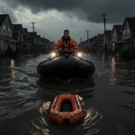 Rescue boat navigating murky water with hero at helm and a makeshift stretcher in front of flooded streets