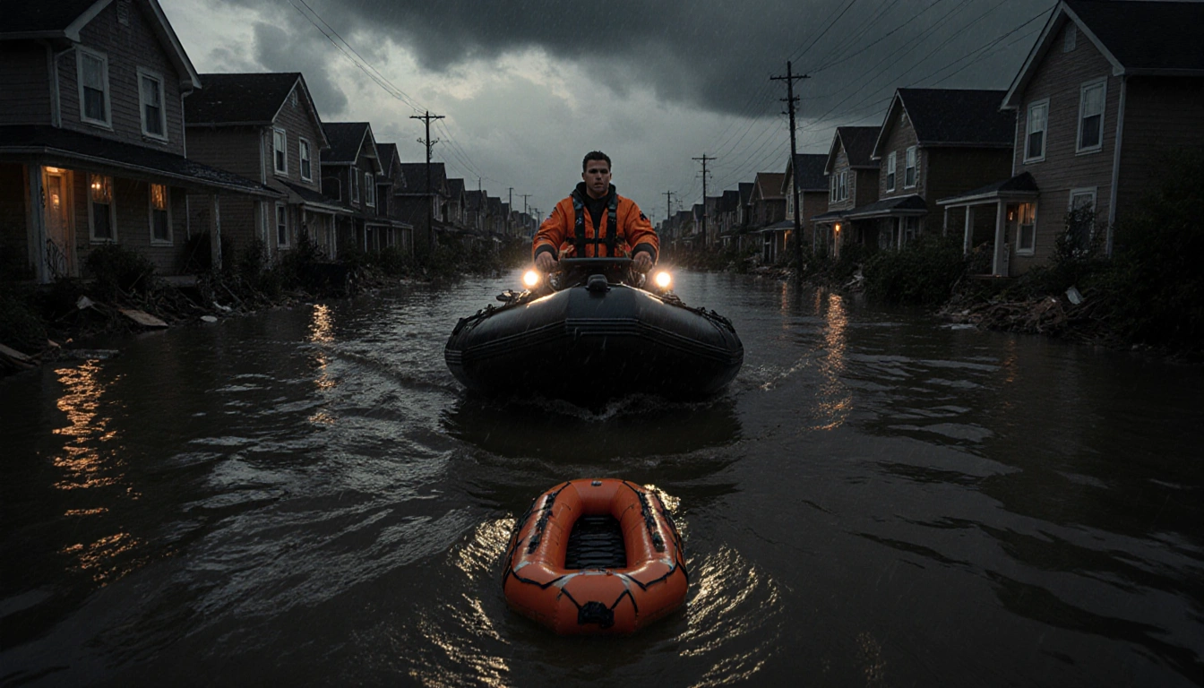 Rescue boat navigating murky water with hero at helm and a makeshift stretcher in front of flooded streets