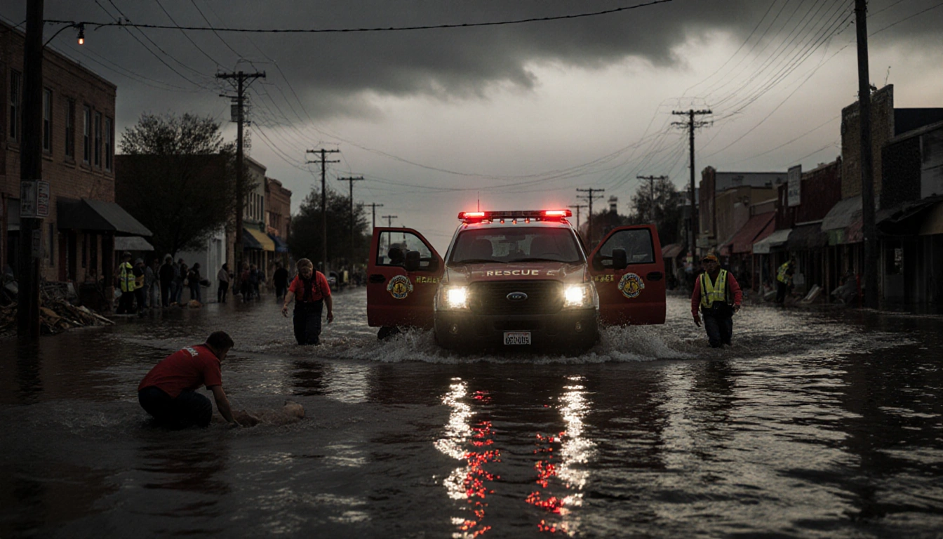 Rescue vehicle navigates flooded main street with headlights illuminating water and pedestrians wading beside it