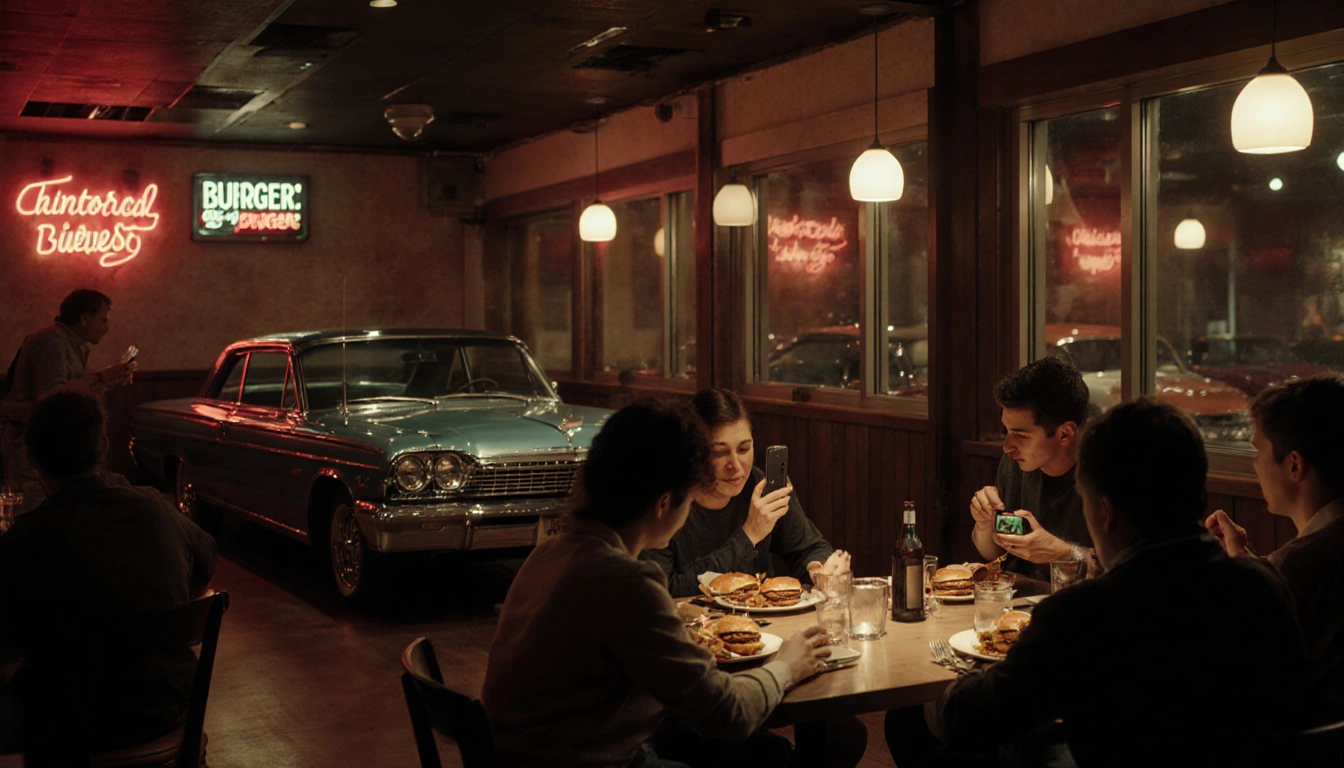 Diners eating burgers near a vintage car with warm lighting and neon reflections