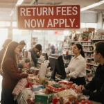 Cashier looks up from computer with cluttered return counter and shoppers waiting for holiday gifts.